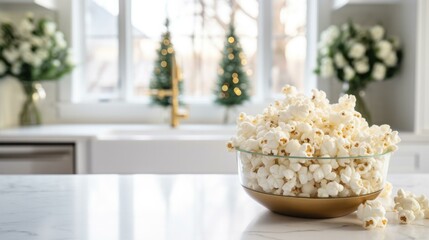 A festive bowl of popcorn on a Christmas-themed kitchen counter. Generative AI. - obrazy, fototapety, plakaty