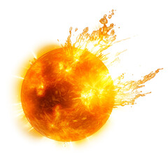 Surface of the Sun with solar flares close-up on a transparent background. Magnetic storms or solar flares isolated on white background
