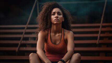 A beautiful young woman sitting on a wooden bench. Generative AI.