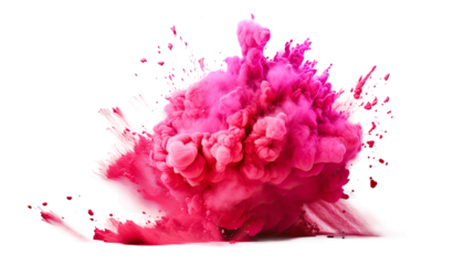 Powerful explosion of pink holi powder on transparent background. Saturate pink smoke paint explosion, fume powder splash, motion of liquid ink in water.