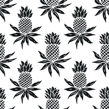 Pineapples Seamless Pattern. Floral Background with Pineapple Tropical Fruit and Leaves. Black and White Vector graphic.