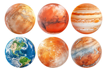Realistic image of different planets Earth, Eris, Humea, Jupiter, Mars, Mercury on a transparent background. Planets isolated on transparent background in PNG format, space elements.