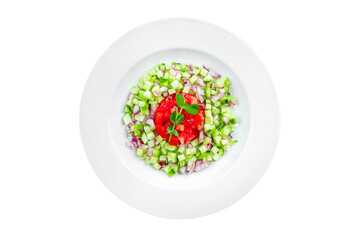 salad vegetable cucumber, tomato fresh vegetables healthy eating cooking appetizer meal food snack on the table copy space food background rustic top view