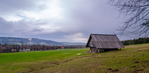 Mountain hut in Tatras. Picturesque meadow in the Gasienicowa valley. Zakopane, Poland....