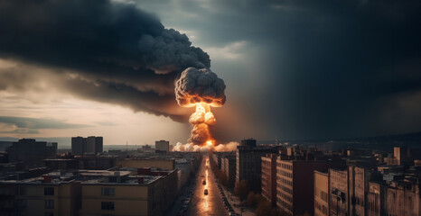 nuclear explosion in a modern city, concept of nuclear war and third world war apocalypse. AI generated