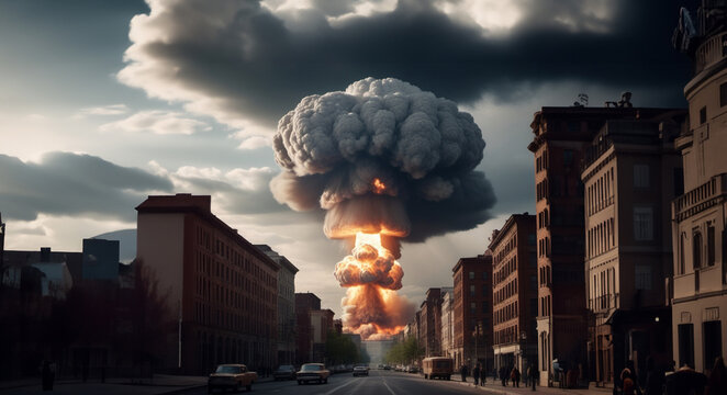 nuclear explosion in a modern city, concept of nuclear war and third world war apocalypse. AI generated - Powered by Adobe