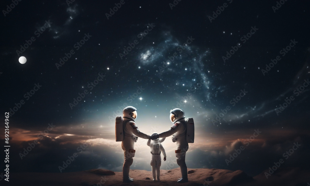 Wall mural concept of a family in space, parents and child in spacesuits on mars