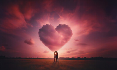 concept of valentine's day, valentine's day. couple at sunset in a field, pink sunset and heart symbol.