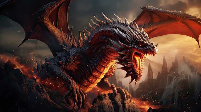 Powerful and majestic dragon breathing fire in a display of mythical prowess. Mythical creature, fiery breath, powerful, fantasy art, majestic beast, fire-breathing. Generated by AI.