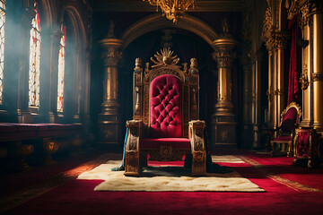 Obraz premium Majestic throne room. King Throne illustration. Golden filigree throne room in a medieval.