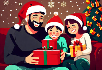 Obraz na płótnie Canvas A Dreamy Family Exchanging Gifts on Christmas Eve