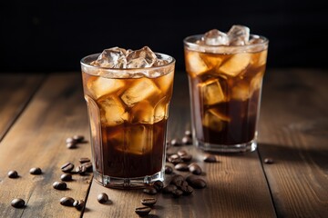 Iced coffee in glasses on wooden background
