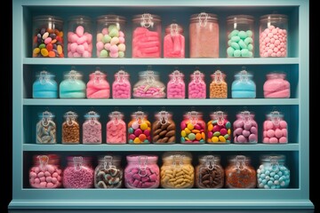Window display of candy store. Assortment of marmalades, candies, sweets, jelly and sugar desserts.