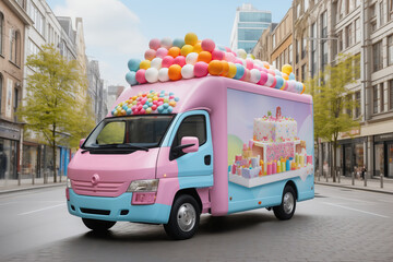 Bright colorful mini truck, decorated with balloons. Food truck vehicle. Delivery	