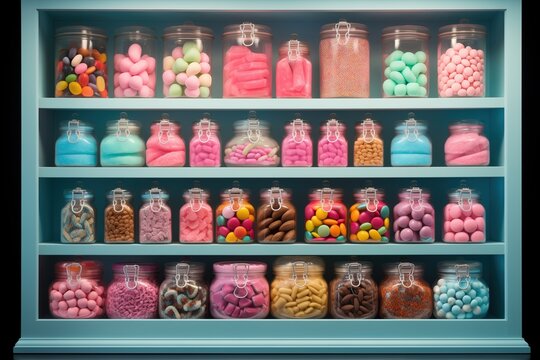Window display of candy store. Assortment of marmalades, candies, sweets, jelly and sugar desserts.