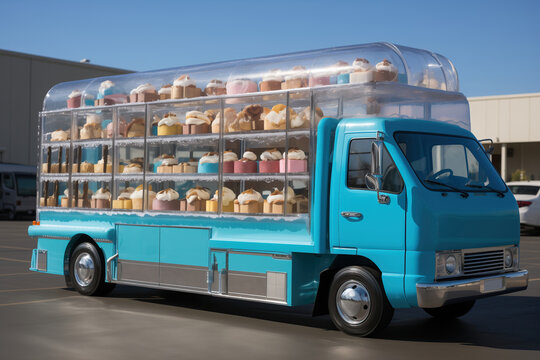 Blue transparent mini truck fully loaded with cakes. Food truck vehicle - cakes store. Delivery	