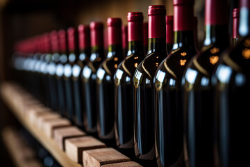 Wine bottles on the wooden wine shelf - obrazy, fototapety, plakaty