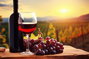 Bottle and glass of red wine with ripe grapes on vineyard background - obrazy, fototapety, plakaty