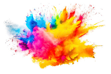 Powerful explosion of colorful rainbow holi powder on transparent background. Saturate paint backdrops, powder splash.