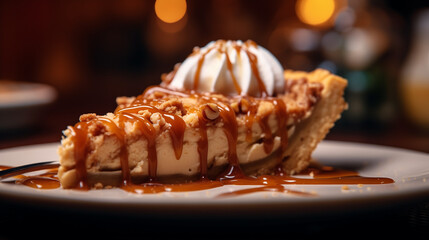 Apple pie slice with caramel sauce and ice cream