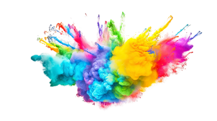 Powerful explosion of colorful rainbow holi powder on transparent background. Saturate paint backdrops, powder splash.