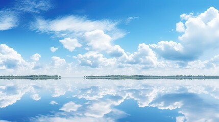 Reflective waters, expansive vista, cloud-kissed reflections, tranquil atmosphere, natural beauty. Generated by AI.