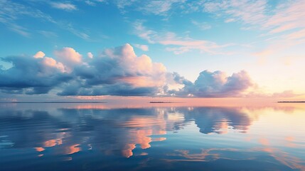 Saltwater lake mirroring the passing clouds on its calm surface. Tranquil waters, scenic vista, cloud-streaked reflections, expansive atmosphere, peaceful ambiance. Generated by AI. - obrazy, fototapety, plakaty