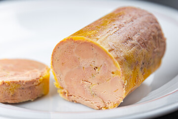 foie gras canard block ready to eat cooking appetizer meal food snack on the table copy space food background rustic top view