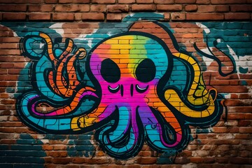  multicolored piece of graffiti with an ominous octopus face on an ancient brick wall