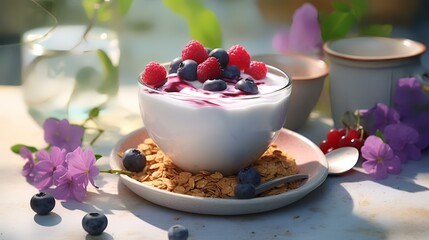 Yogurt with fresh berries and muesli on wooden table