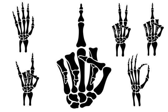 Skeleton hands, Bones hand, middle finger, Vintage elements, Print for t-shirt, hand bones set vector, Vector skeleton hand, Bones Peace, Rock, stop, middle finger, fist power, Vector art illustration