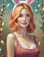 Sch&ouml;ne junge Frau mit roten Haaren und Osterhasen Ohren auf dem Kopf - Ostermotiv