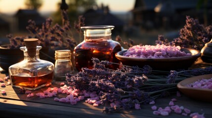 a bowl of oil and lavender flowers