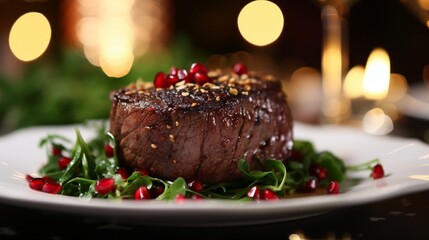 Fototapeta na wymiar A festive, pepper-crusted filet mignon, on a bed of peppery arugula, on a holiday-themed white plate.