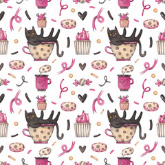 Seamless pattern with a black cat in a cupcake cup and ribbons on a white background. Watercolor illustration. Holiday. Animals. Happy Valentine's Day. Print on fabric and paper. Heart. Art. Design.