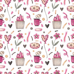 Seamless pattern with cupcake, cup, balloon and flowers on a white background. Watercolor illustration. Holiday. Happy Valentine's Day. Print on fabric and paper. Heart. Art. Design. Handmade work.