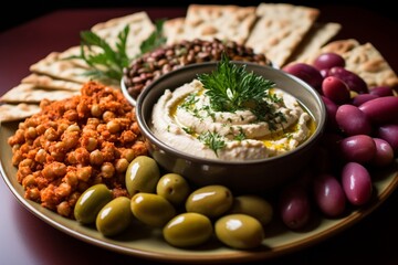 Mediterranean mezze plate with olives, grape leaves, chic peas, and hummus