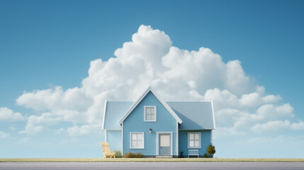 Composition of small house in minimalist style against soft blue background, AI Generated - obrazy, fototapety, plakaty