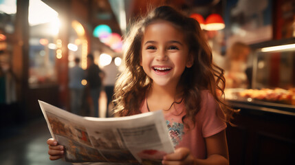 Little girl in a plaza reading a paper, smiling, day in the street, medium shot