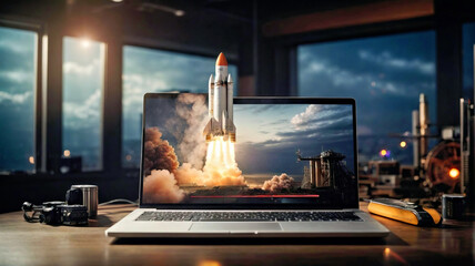 A Futuristic Laptop with a Rocket on the Screen