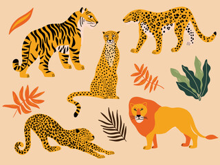 Set of wildlife animals vector illustrations, collection of tiger, lion, cheetah, leopard exotic plants, tropical leaves isolated on a light background. Bundle of wild cats art © WeirdyTales