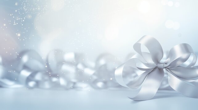 serene and sophisticated representation of a silver ribbon with a bow, set against a cool, blue-toned background with soft bokeh effects, luxury and celebration, making it ideal for gift-related