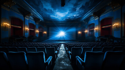 Modern cinema hall, Empty and silent with blue seats neatly arranged facing large, AI Generated - obrazy, fototapety, plakaty