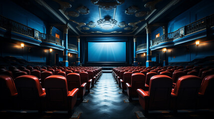 Modern cinema hall, Empty and silent with blue seats neatly arranged facing large, AI Generated - obrazy, fototapety, plakaty