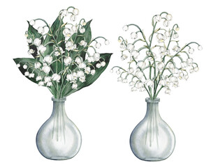 Watercolor arrangement with bouquets of delicate spring lilies of the valley. Design for printing...