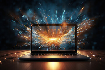 A burst of light radiating from an open laptop, signifying the digital birth of innovative ideas in...