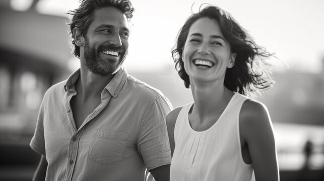 Generate a black and white image with maximum quality, highlighting advanced levels of detail and a cinematic style. The scene must depict two women and a man, all smiling and looking directly.