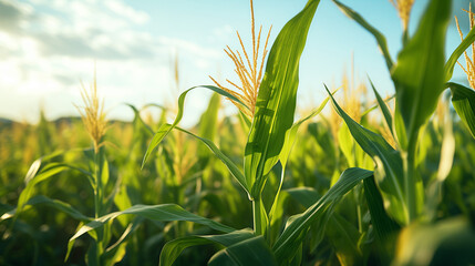 Yellow corn ears and green leaves in corn field