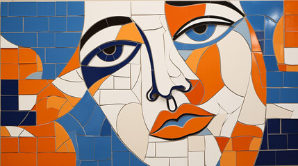 Panel mosaic in the style of the artist Nadir Afonso, with predominantly blue, orange, and white colors.