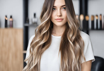 Fototapeta premium Beautiful hairstyle of young woman after dyeing hair and making highlights in hair salon